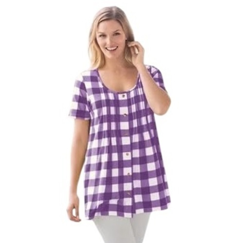 Woman Within Plus Size 22W 24W Top 1X Purple Gingham Tunic Short Sleeve 1302